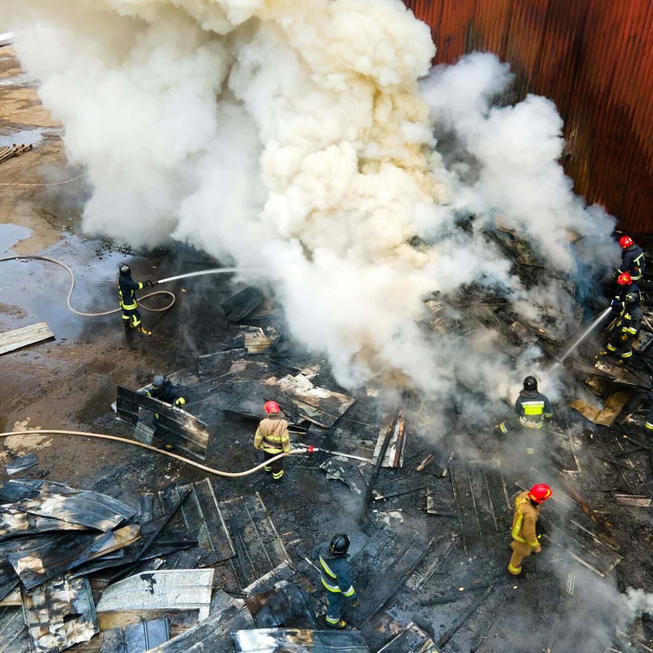 Aerial view of firefighters extinguishing fire in industrial area